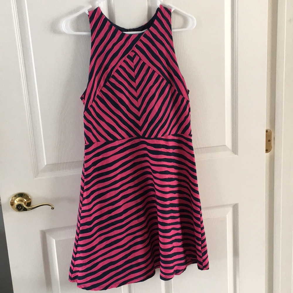 Navy blue and pink striped dress